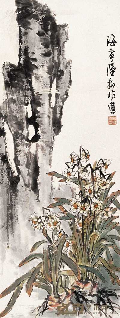 陆抑非 花鸟 轴 84×32cm